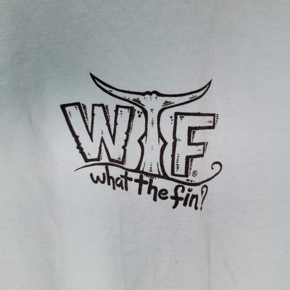 WTF What the fin 3XL Skull, sharks, and Surfboards on light blue. In great shape - Picture 3 of 5